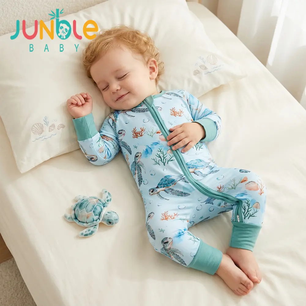 junblebaby Baby Boy Romper Pajamas, Ocean Animals Print Premium Soft Bodysuit with Crew Neck and Double Zipper, Soft Breathable Sleepwear, Long Sleeve, Infant Sleepwear, Sleepwear Outfit
