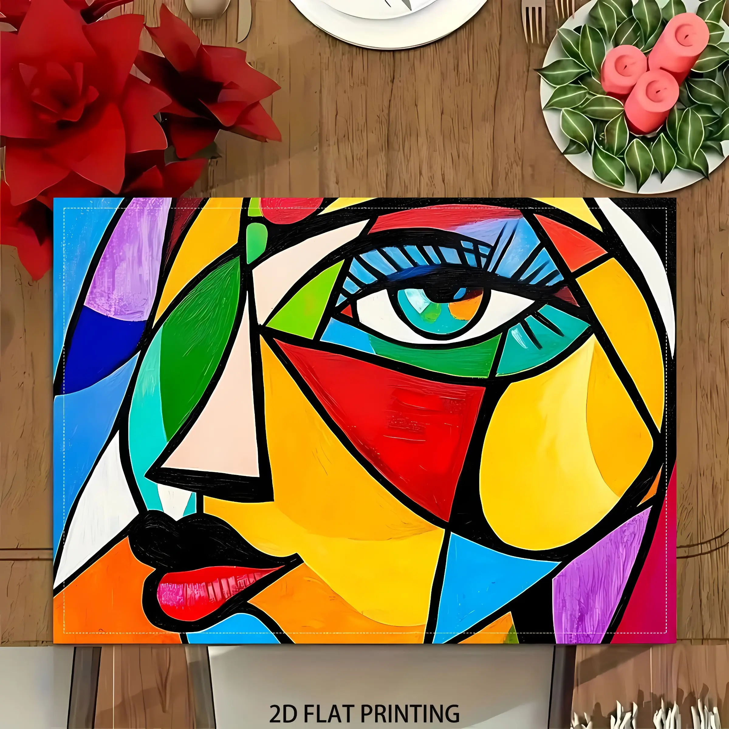 2D flat printing, set of 2 pieces/4 pieces/6 pieces/8 pieces, featuring abstract facial patterns in Picasso cubist style, measuring 12X18 inches, perfect for farmhouse style indoor dining table decoration, Abstract Face Design