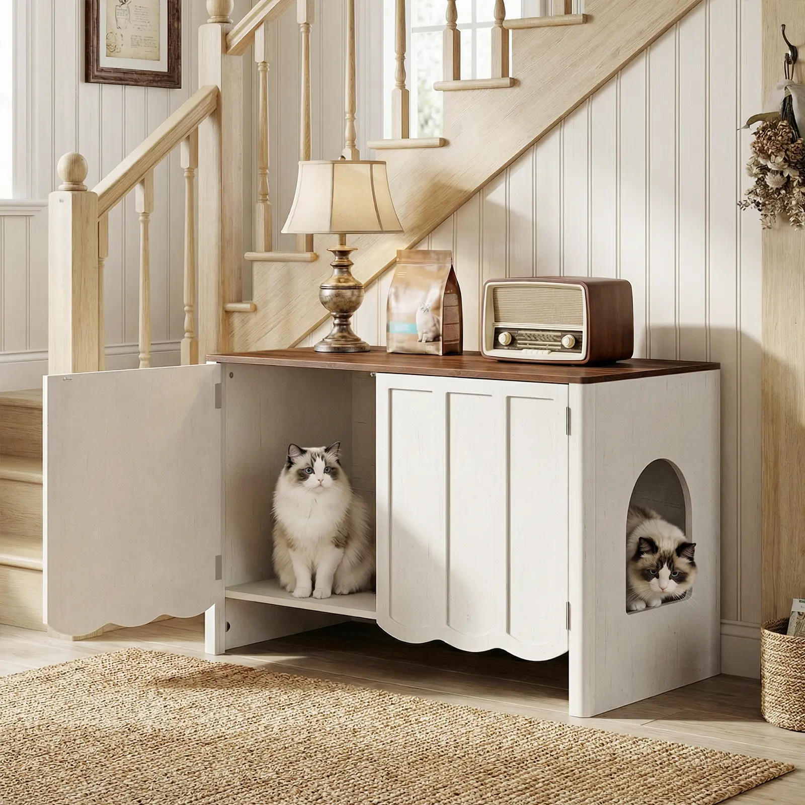 HOOBRO Cat Litter Box Enclosure, 31.5" Hidden Litter Box Furniture with Wavy Panels & Side Entry, Push-to-Open Doors, Litter Box Cabinet, Living Room End Side Table, Cloud White and Walnut#DealsforYouDays #SummerGarden