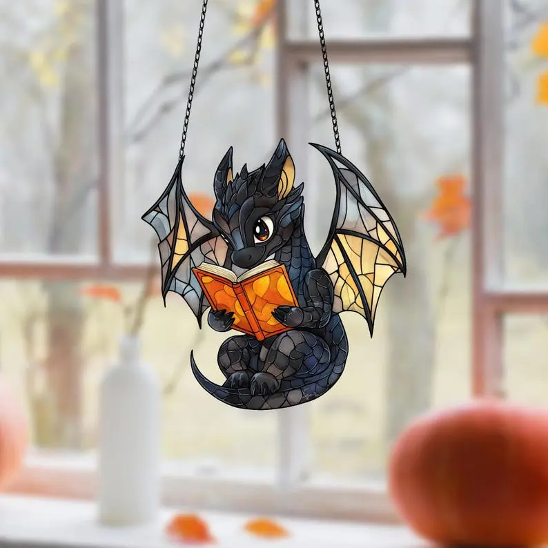 Book Dragon Suncatcher Ornament, Fantasy Dragon Acrylic Window Hanging, Dragon Wall Window Hanging Art Decoration, Bookish Home Decor, Home Decor