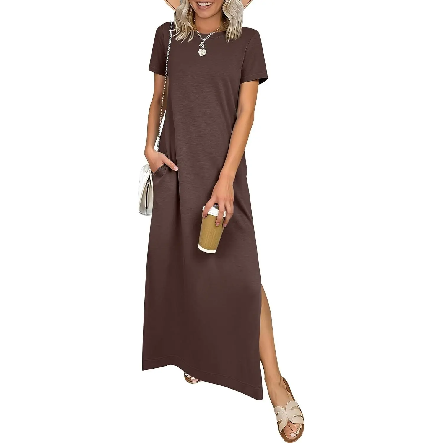 ANRABESS Womens Flowy Summer Maxi Dress Short Sleeve Crew Neck Split Hem Wrinkle-Free Long Sundress for Travel Beach Vacation Fit Casual Crewneck Slit