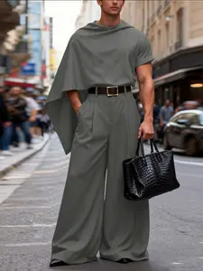 INCERUN Men Sets Solid Short Sleeve Irregular T Shirt Ponchos & Wide Leg Pants Two Pieces Sets Streetwear Fashion Men's Suits