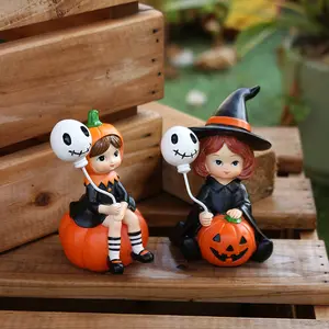 Halloween Decorations Artistic Resin Craft Pumpkin Witch Figurine, Handheld Skull Balloon Design, Spring Garden Statue Decoration