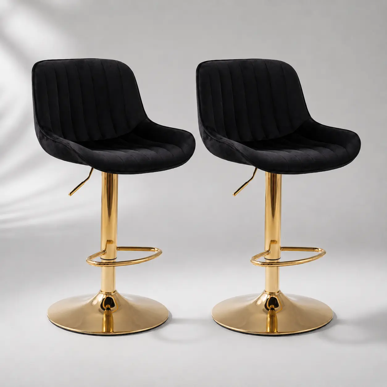 Fahuac Velvet Fabric Bar Stools (Set of 2) - Glam Look Swivel Seat Indoor Home Chairs with Height Adjust Function, Chrome Base, Golden Legs, Black Upholstery