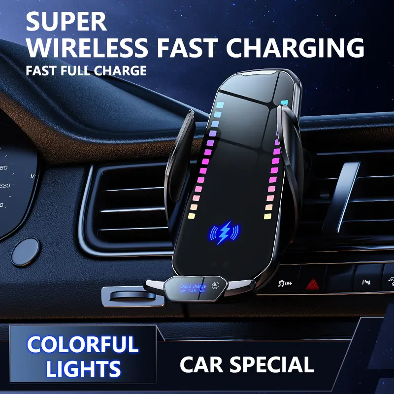 Magnetic Auto Clamping Wireless Charging Car Phone Mount - Infrared Sensing Holder with Smart Rhythm Color Lights, Adjustable Clamp, Retractable Stand, Accessories for Car, Magnetic Mount,Car Phone Holder Stand Car Gadget