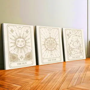 3Pcs Wooden Framed Canvas Painting, Golden Tarot Sun Star Moon Cards Images, Exquisite Poster, Home Decoration, Pattern Wall Art Decor, For Living Room, Bedroom, Office, Restaurant, Bar Wall Decor, Waterproof, Odorless, Painting, Print Artwork.