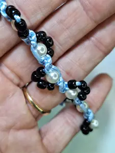 Handmade Light Blue Pearl Black Beaded Bracelet - Toggle Clasp