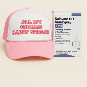 All My Girlies Carry Narcan Pink Trucker Hat Unisex Adjustable Snapback with Free Narcan Kit Included