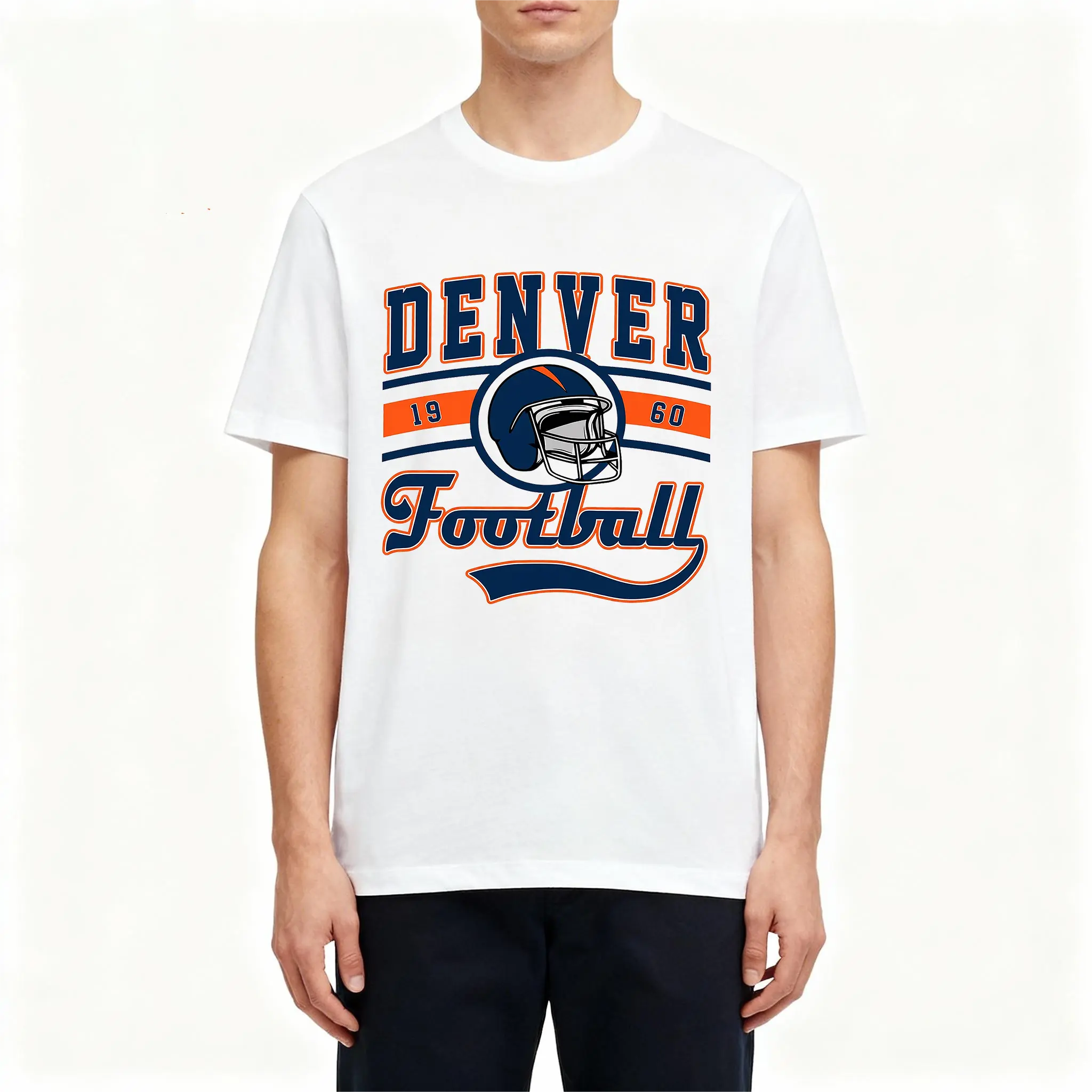 Men's Denver Football Helmet Print Crew Neck Short Sleeve T-Shirt - 100% Cotton White Streetwear Tops, Comfort Fit, Machine Washable, S-6XL, for Summer Daily Fitness Outdoor Use, Shortsleeve, Menswear, Casual