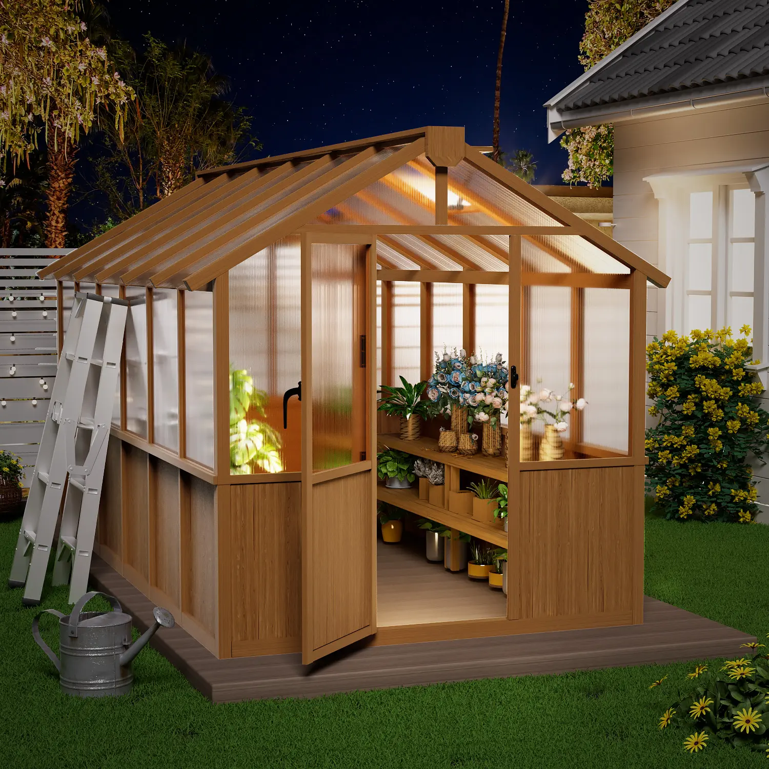 MNLR Multi-Size Warm Wood Frame Garden Greenhouse Kit (6x8, 6x10, 6x12, 8x16 FT) - Outdoor Polycarbonate Panel Structure for Home Gardening, Adjustable Roof Vent, Natural Light Optimization, Plant Care Support, Tool Storage Space, Ventilation