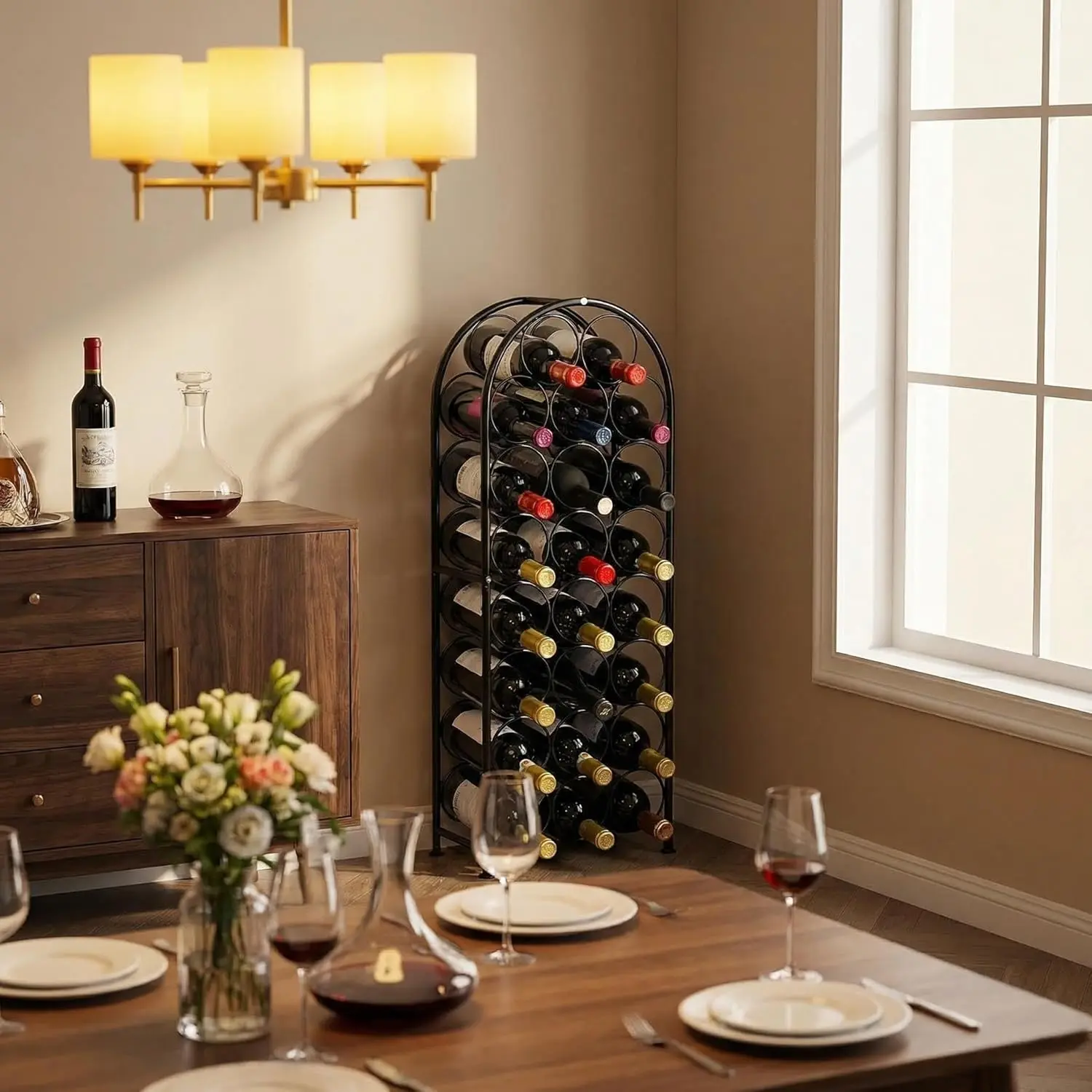 VyGrow Heavy Duty Black Arched Freestanding Metal Floor Wine Rack - 23-Bottle Holder with Flat Shelving, Anti-Oxidation, Complete Screw Set, Handle for Moving, Cork Moisture Retention, for Kitchen Organization, Bar Storage, Restaurant Use