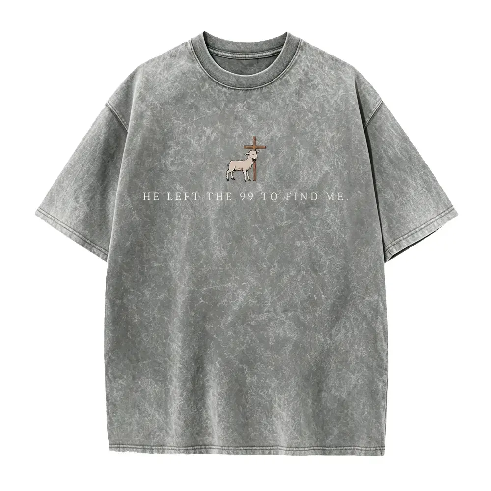 Men's Vintage Grey Acid-Washed Oversized Heavy Cotton Crewneck Short-Sleeve Top - Front Lost Sheep Cross, "He Left The 99 To Find Me" Scripture Graphic, Loose Drop-Shoulder, Classic Breathable Fabric, Unisex Christian Retro Streetwear Faith Gift, Tops, Sh
