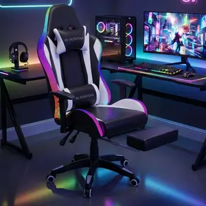 【Led Chair!!】Mr IRONSTONE Gaming Chair with Speakers and Led Lights Ergonomic Massage Computer Office Chair with Broaden Cusion and Footrest High Back Video Game Chair for Adults Kids Boyfriend Gift, Blue Black and Pink
