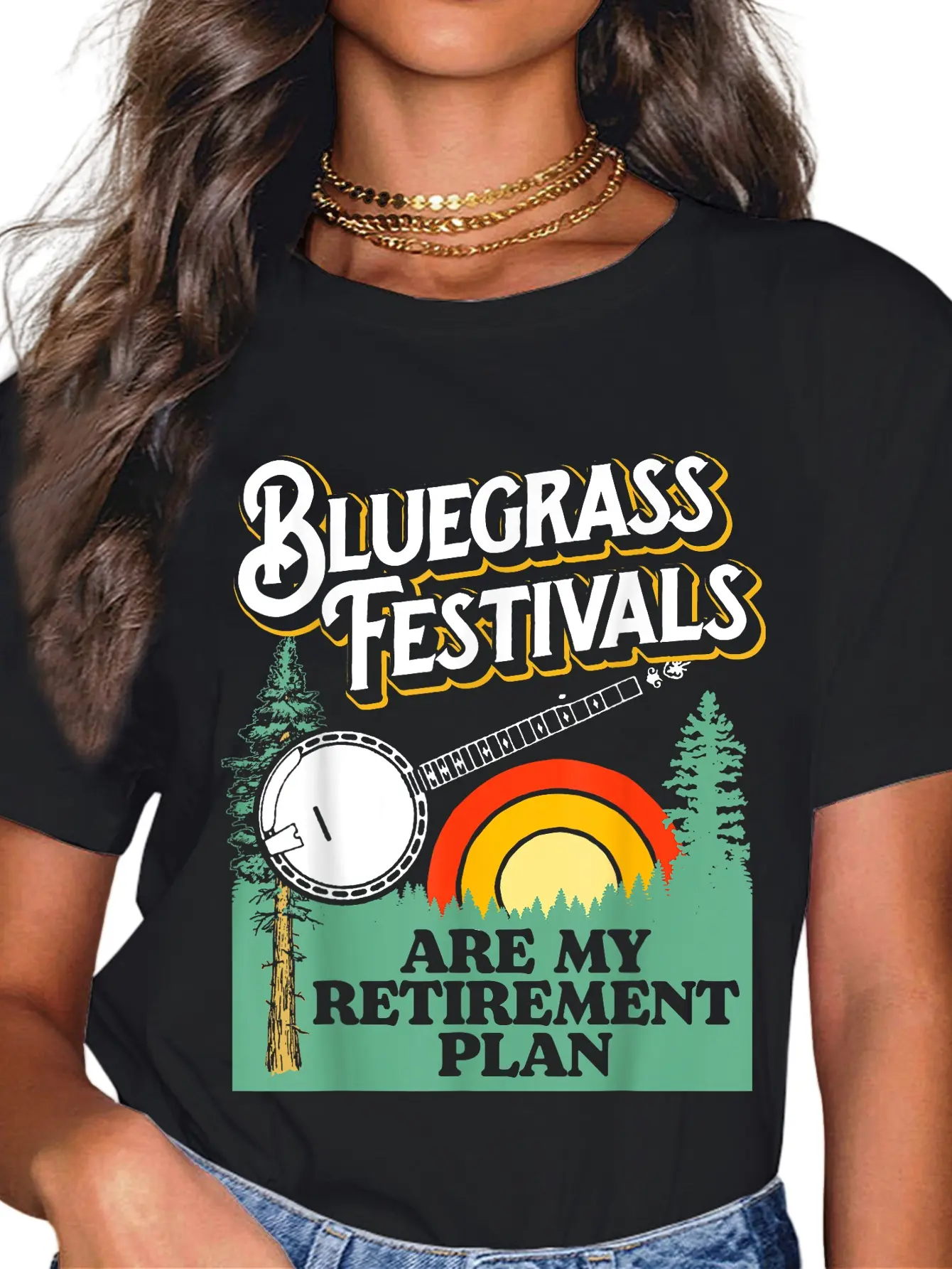 Unisex Casual Graphic T-Shirt, Funny "Bluegrass Festivals" Banjo Music Print, 100% Cotton Short Sleeve Everyday Tops, Shortsleeve, Vintage, Women, Tshirt, Round Neck, Crew Neck, Streetwear, Cute