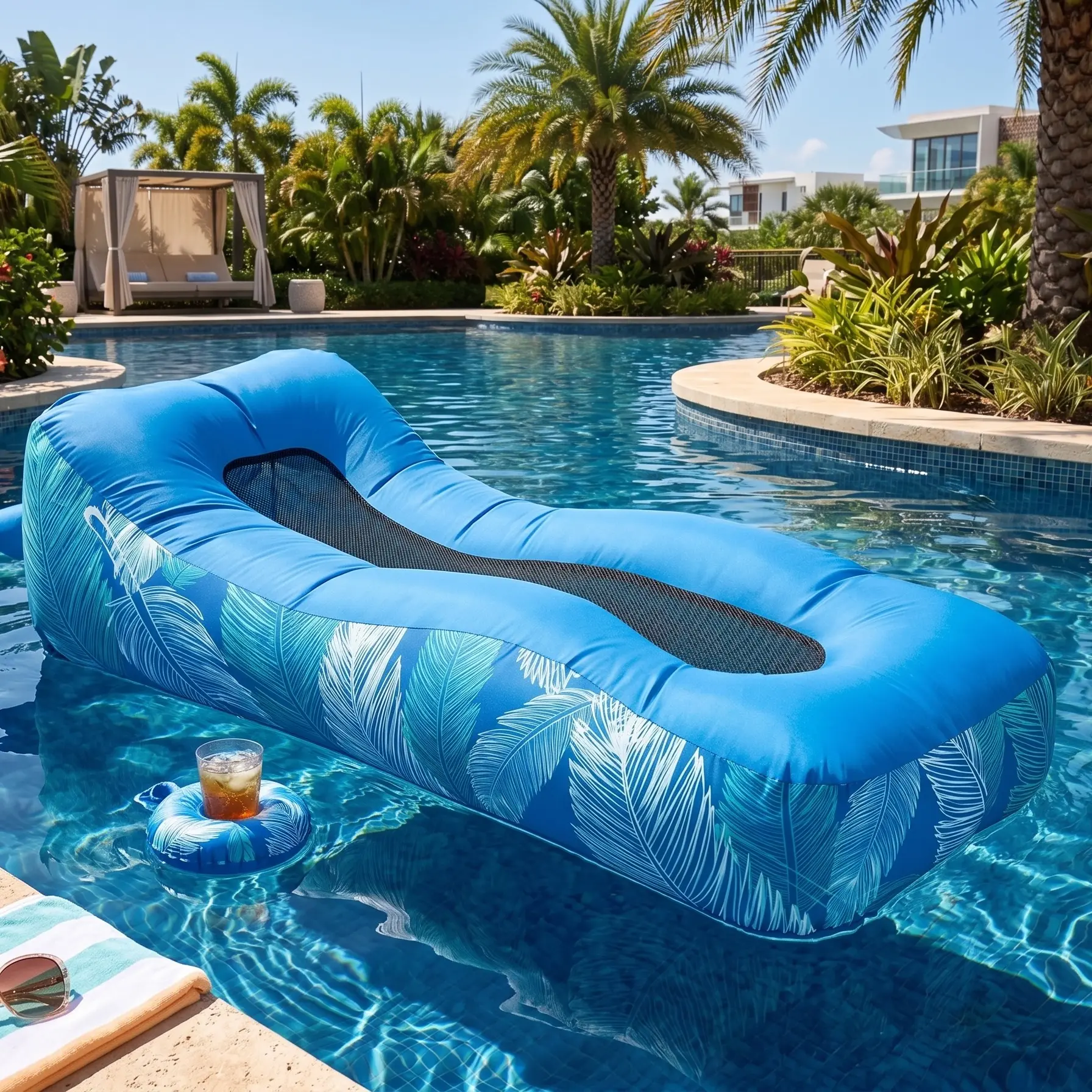 Portable Inflatable Air Lounger Sofa with Shade Canopy - 100% Waterproof Pool Float for Beach Trips, Backyard Camping, Fast Inflation Fan & Stakes Included (Pool Aesthetic Camping Accessory)