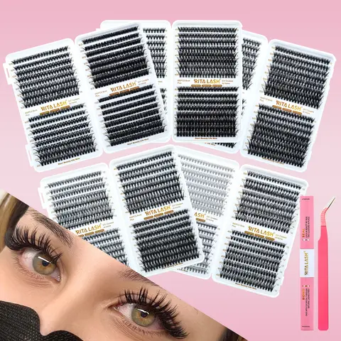 RITALASH Solid 640PCS Cosmetic Lash Cluster Book - Book 10203040D Kit, D Curl Individual Mixed Bundle with Pinch Tab, Boxed Packaging False Eyelashes & Adhesives for DIY Volume Eyelashes, Dramatic Lashes, Eyelash Extension Supplies at Home