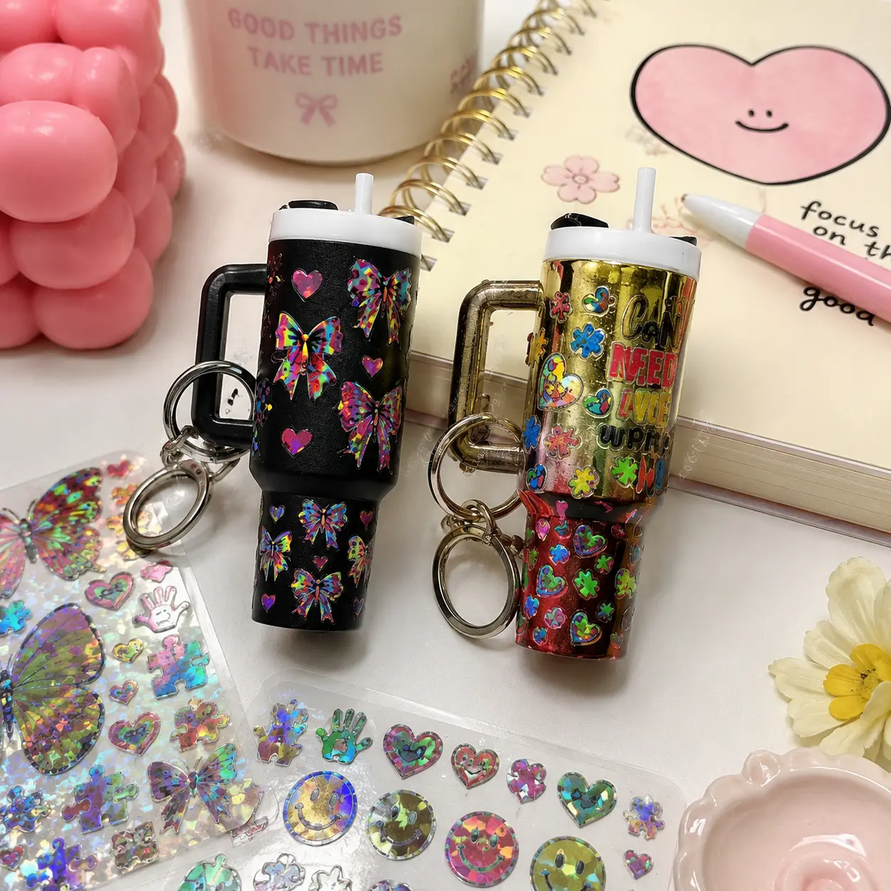 Keychain Stickers 20-Pack, Random Cute Cartoon Holographic Decals for DIY Mini Tumbler Key Rings, Craft Supplies for Making Cute Gift Keychains, Gift Keychain, Key Chain Cute