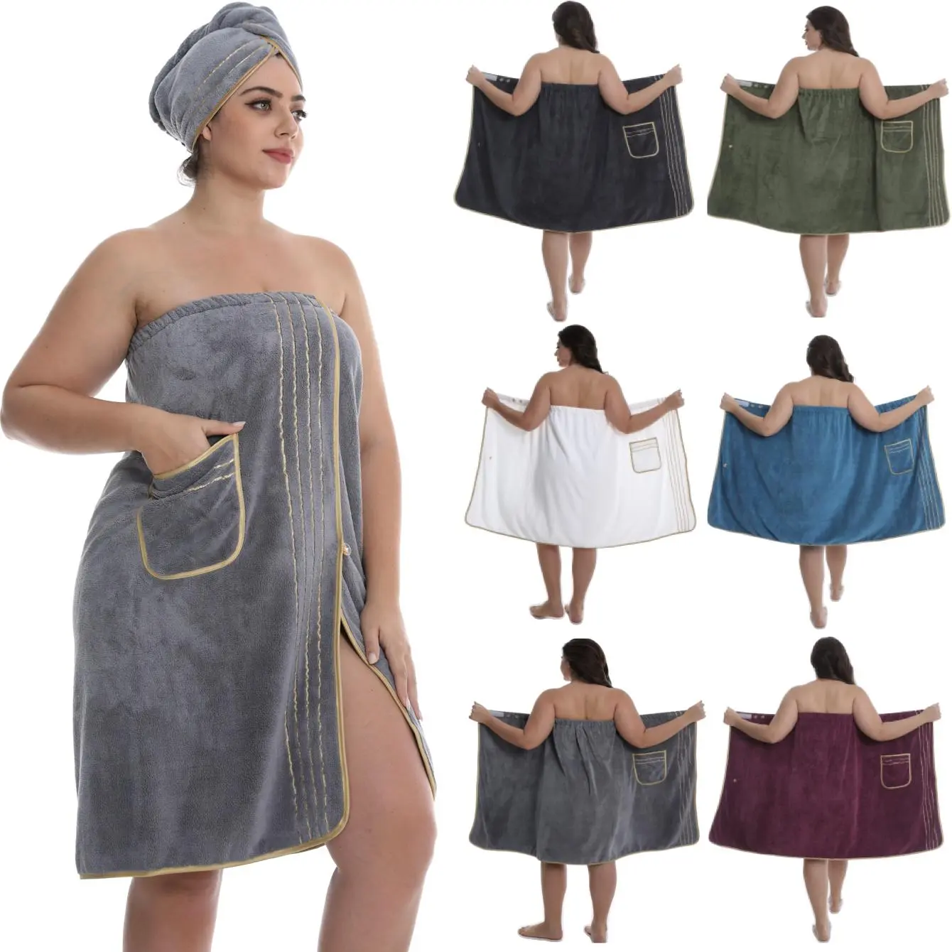 Lady's Luxury Bath Towel Set (1 Bath Towel + 1 Hair Dry Cap), Halter Bath Dress with Pocket, Gold Thread Striped Design, Decorative Towels, Best Bath Towels, Ideal for Home Bathroom & Gift Giving, Premium Bath Towels