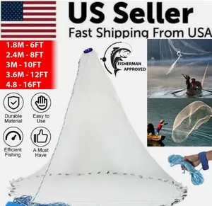 6/8/10/12/16FT Fishing Cast Net Bait Easy Throw Hand Cast Strong Nylon Mesh USA