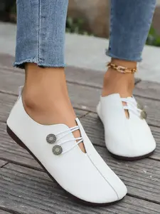 Women's Fashionable Plain Slip on Flats, Casual Comfortable Round Toe Flat Shoes for Daily Wear, Breathable Shoes for Women & Girls, PU Leather Loafers