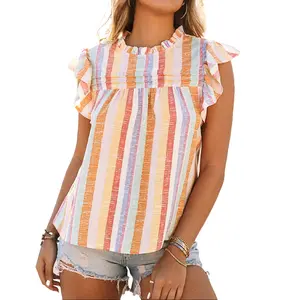Shewin 2026 Spring/Summer Women's Casual Ruffle Sleeveless Striped Blouse Top Crewneck Tank Tops Plus Size Clothing Trendy Soft Polyester Tees - Gamis