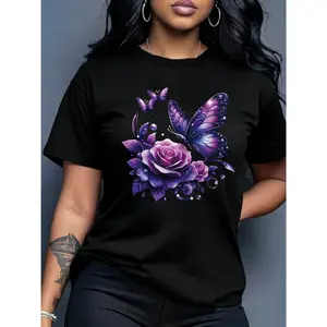 100% cotton women's short-sleeve top, featuring a purple rose and butterfly print, round neck design, machine washable, comfortable, soft, and breathable, suitable for spring, summer, and autumn wear. Simple casual T-shirt