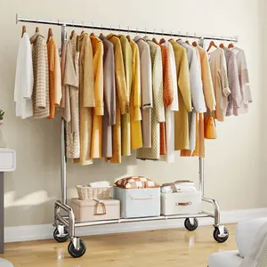 Raybee Furniture Clothes Rack for Hanging Clothing Rack with Hooks, Extendable & Height Adjustable Coat Rack, Heavy Duty Clothes Racks Holds Up to 440LBS, Portable Rolling Garment Rack with Lockable Wheels & 4 Hooks, Chrome【Gift Ideas】