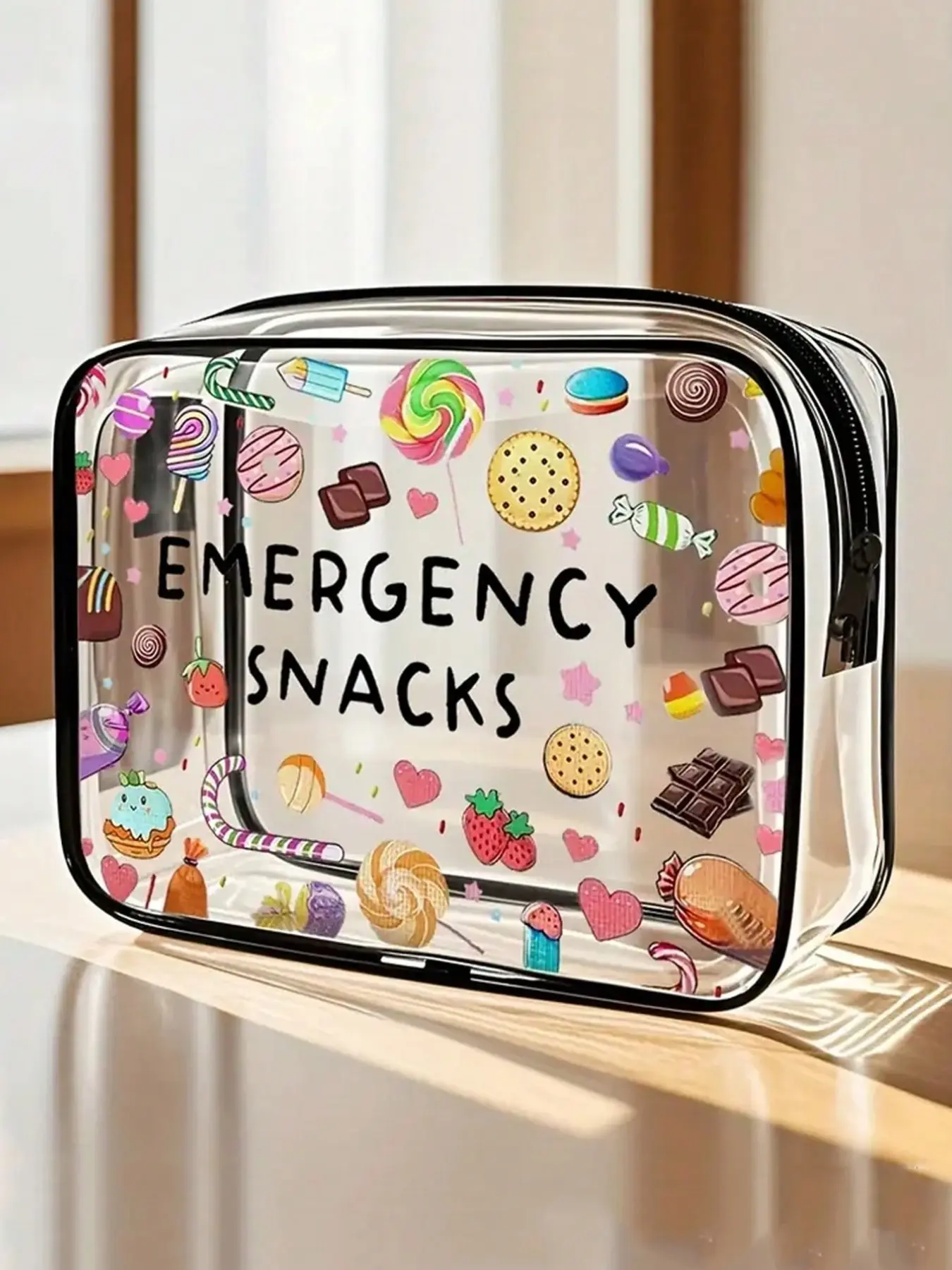 snack-patterned PVC cosmetic bag, Clear cosmetic bag, transparent waterproof toiletry bag, beach bag, Cosmetics bag, Travel Cosmetic Bags, colorful printing, lightweight and foldable, suitable for travel, camping and outdoor activities
