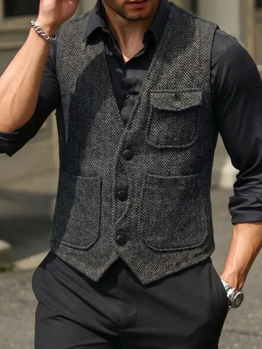 Men's Retro Tweed Vest Herringbone Wool-Blend  with Multi-Pockets: Elevate Casual & Outdoor Styles for Daily Errands & Weekend Adventures
