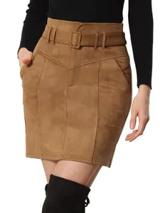 INSPIRE CHIC Vintage Boho High Waist Belted Faux Suede Pencil Skirt Brown