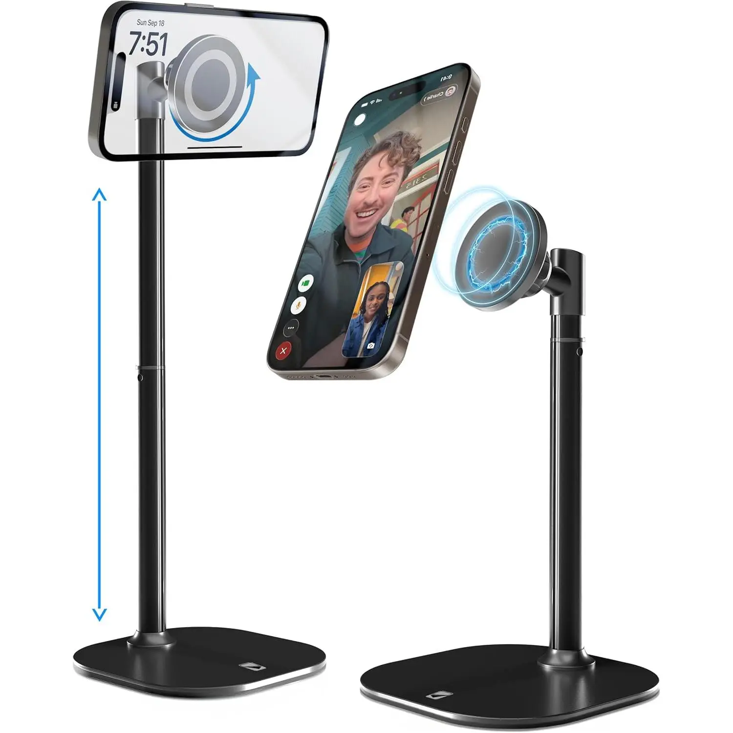 MagStand - Adjustable   Stand for Desk & Phone Holder for Video Recording, Compatible with MagSafe, Stand for  16 Pro Max, 15/14/13/12, Small Mag Safe Tripod (Night Black)