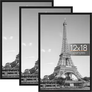 12x18 Picture Frame Black 3 Pack, Scratch-Proof Poster Frames 12 x 18 for Photo Gallery - Slide-In Strips, Horizontal or Vertical Wall Mounting