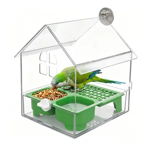 Anti-Scatter External Bird Cage Feeder, Transparent Parrot Bath Tub & Food Box with Dual Compartments, Hanging Acrylic Bird House Feeder for Small Parrots, Cockatiels, Conures, Finches