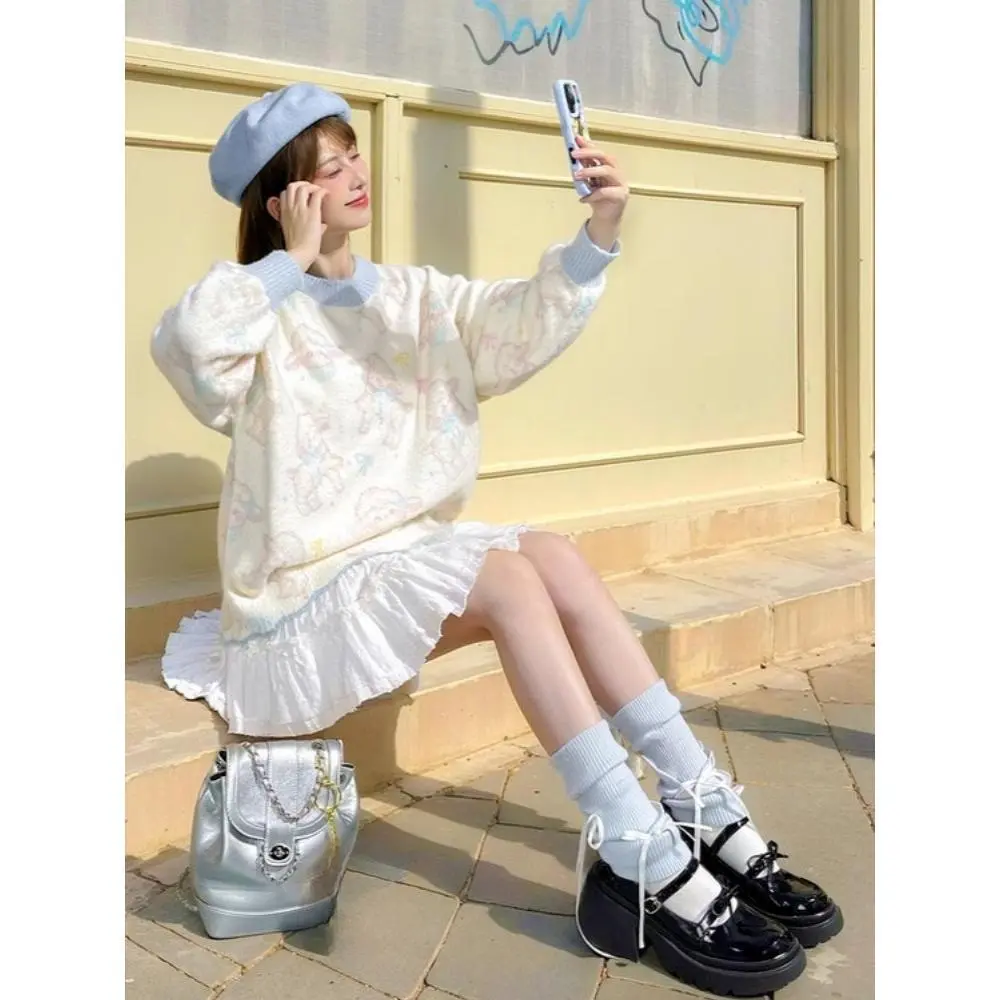 Preppy Style Kawaii Cartoon Jacquard Sweaters Harajuku Loose Grunge Cute Jumpers Y2k Aesthetic Women Patchwork Knitted Pullovers