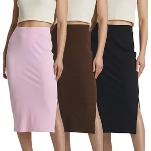 Real Essentials 3 Pack: Women's Midi Ribbed Knit Skirt with Side Slit - Stretchy Work Business Casual Pencil Pull-On Skirts