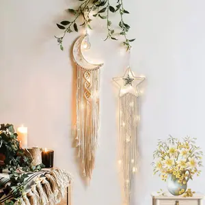Moon Star Dreamcatcher Decor Beige Cotton Circle Ornaments Hollow-out Design Hangable Wall Decor for Bohemian Home Weddings Gifts