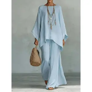 2026 New Arrival: Minimalist, Loose-Fit Linen-Blend Shirt and Wide-Leg Pants Set for Women-Perfect for Vacations, Strolls, Casual Outings, Street Style, the Beach, and Home-Summer Women's Clothing and Pants-Women's Everyday Outfits matching Womenswear