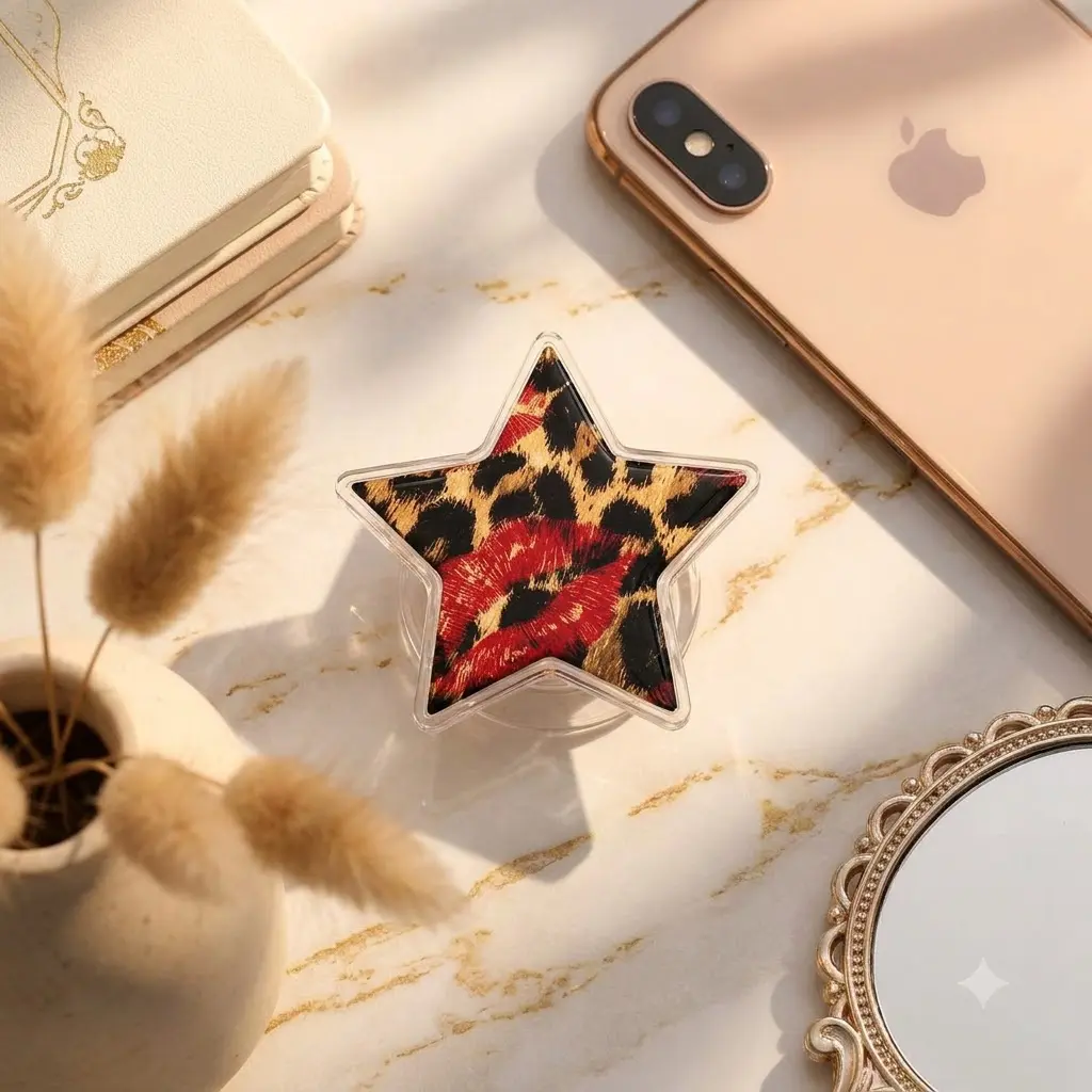 Leopard Lips Star Magnetic Phone Grip, Leopard Print Mobile Stand, Glam Acrylic Phone Holder, Trendy Coquette Accessories Gift For Her