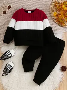 Boys' Casual Patchwork Colorblock Sweatshirt Pants Matching Outfits Set, Comfortable Kids Clothing, Stylish for Daily Wear, Perfect Gift Idea, Clothes Kids