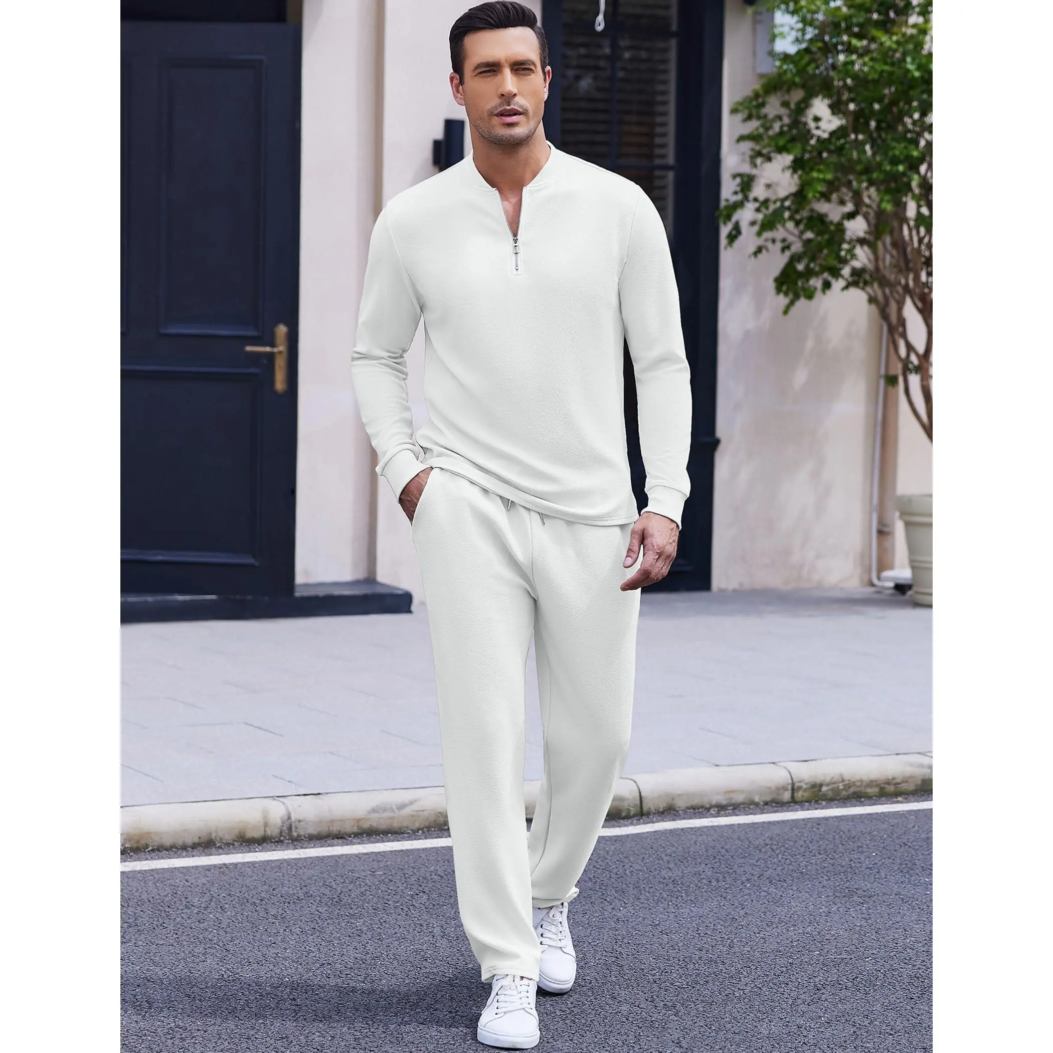 Coofandy Men's 2-Piece Quarter-Zip Long Sleeve Polo Tracksuit Set - Polyester Blend, Casual Fit Sporty Style Streetwear Tracksuit, Athletic Sports Clothing Casual Workout Loungewear for Gym Jogging, Mensfashion, Breathable Fabric, Tennis, Ankle Length, Si
