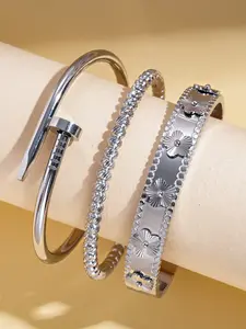 3pcs Stainless Steel Flower Pattern Buckle Bracelet Set, Elegant Unique Small Ring, Luxurious High-End Jewelry for Men and Women, Fashion Bracelets