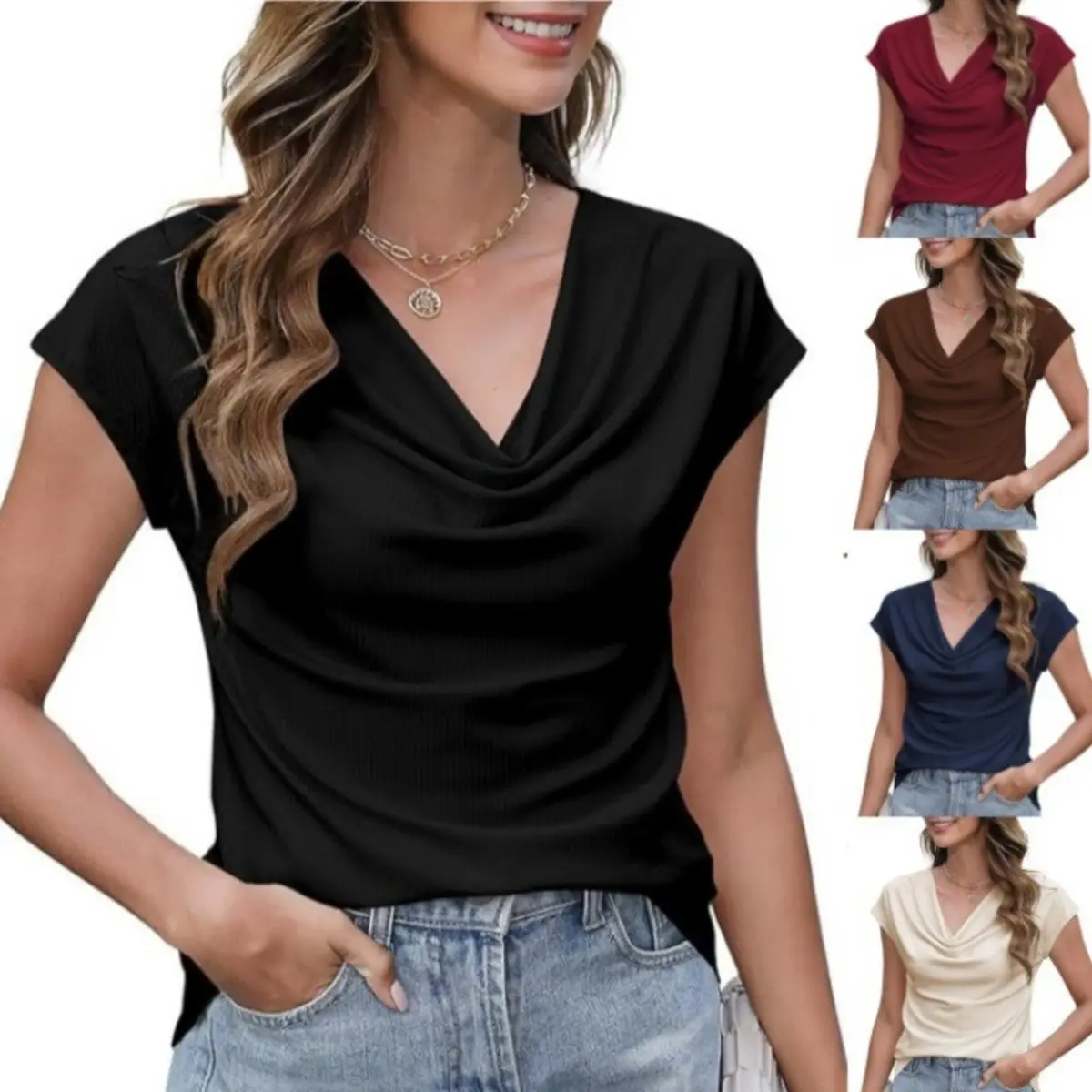 Women's Solid Color Turtleneck Short Sleeve Knit Top, Casual Elegant Cowl Neck Pullover Blouse, Basic Loose Fitting Classic Versatile Shirt for Daily Travel Camping Dating Party