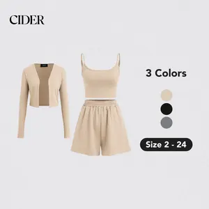 Cider [3 colors, size 2-24] Round Neck Solid Cami Top & Straight Leg Shorts & Cardigan