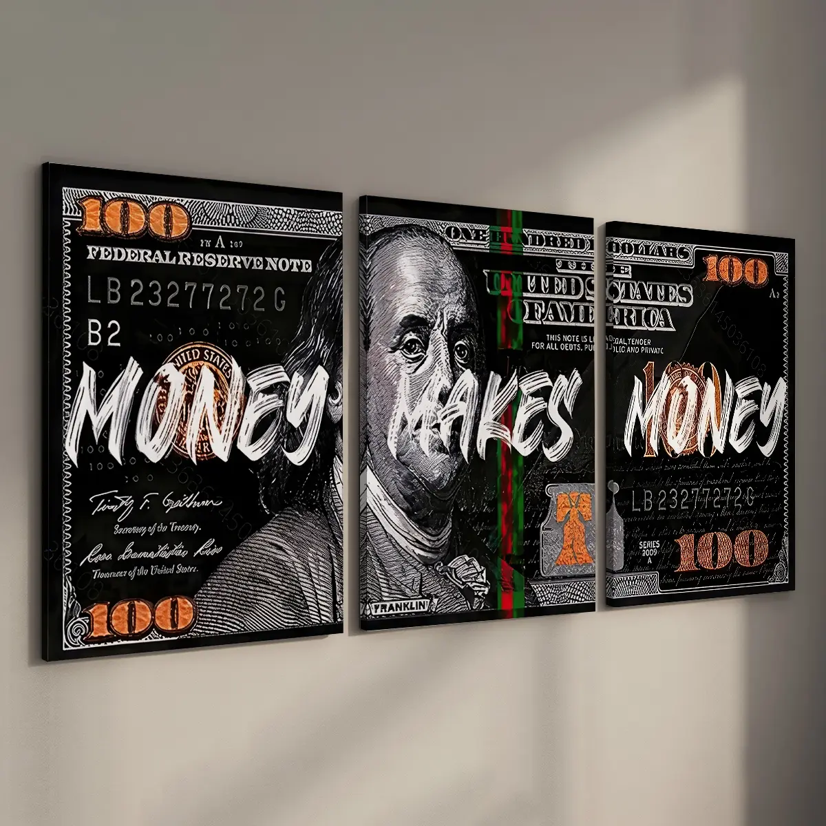 3 Counts/set Wood-Framed "Money Makes Money" Canvas Wall Art Print, Artwork, Inspirational Dollar Bill Pop Art, Waterproof Ready-to-Hang Wall Decor for Living Room, Bedroom, Office & Dorm, Perfect Gift for Friends and Family,shadow