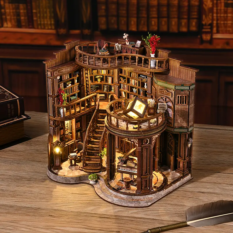 DIY 3D Wooden LED-Lighted Dreamy Book Hall Kit - Creative Building Blocks, Stress-Relief Craft Activity, Desk Home Decoration, Birthday Gift for Teens