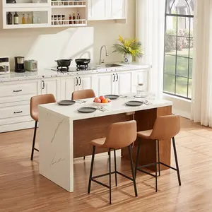 【SummerGarden】ONBRILL 61"x31" Large Wood Top Kitchen Island Table, Whole Board Tabletop, Storage Space, Power Outlet, LED Lights, Easy Setup Modern Imitation Marble Counter Height Dining Room Table for 4