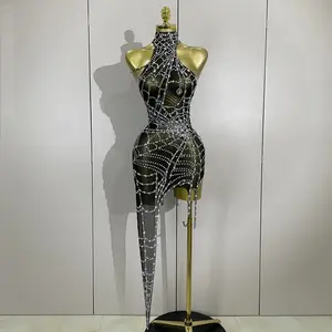 STOCK Sparkly Diamond Sexy Mesh Asymmetric Bodycon Mini Dress Women Nightclub Bar Party Show Gogo Dancer Clothing Stage Costume