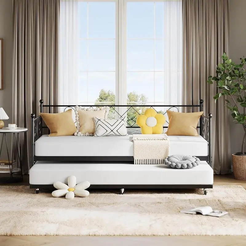 Gaomon Twin Metal Frame Convertible Sleeper Daybed with Trundle Bed, Compact Steel Frame Sofa, Easy Setup, for Bedroom & Living Room, Black Contemporary Home Decor Piece, Convertible Sleeper Bed