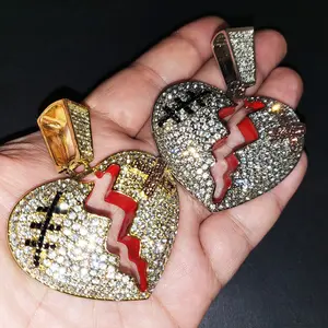 MaxBling81 Large Broken Heart Charm Simulated Diamond Pendant - 52x40mm Heart-Shaped, Polished Finish, Gold-Silver Plated Casual Hip Hop Unisex Costume Jewelry Large Pendant for Daily Wear