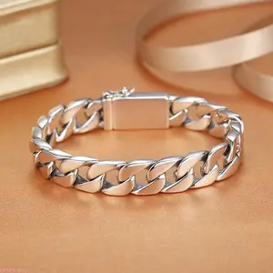Men's Polished Silver Cuban Link Chain Bracelet, Solid Titanium Steel Curb Chain Wristband, Heavy Duty Box Clasp Hip Hop Style Jewelry For Daily And Party Wear